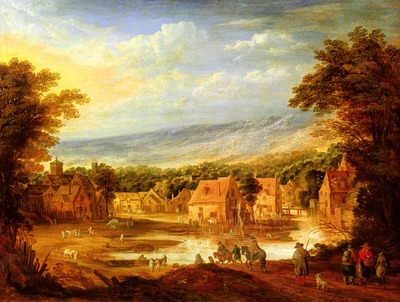 Momper Joos De An Extensive River Landscape With Travellers Approaching A Village
