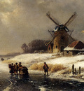 Kleijn Lodewijk Johannes Figures On AFrozen Waterway By A Windmill