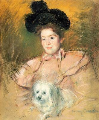 Cassatt Mary Woman in Raspberry Costume Holding a Dog