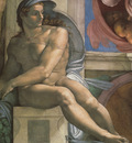 Michelangelo Sistine Chapel Ceiling Ignudi next to Separation of Land and the Persian Sybil2