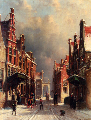 Vertin Petrus Gerardus A Town View In Winter With Figures Conversing On Porches