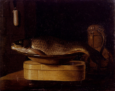 Stoskopff Sebastien Still Life Of A carp In A Bowl Placed On A Wooden Box