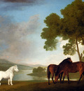 Stubbs George Two Bay Mares And A Grey Pony In A Landscape
