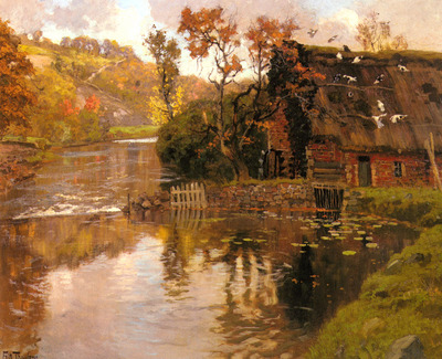 Thaulow Frits Cottage By A Stream