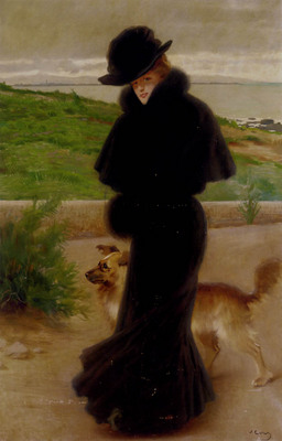 Corcos Vittorio Matteo An Elegant Lady With Her Faithful Companion By The Beach