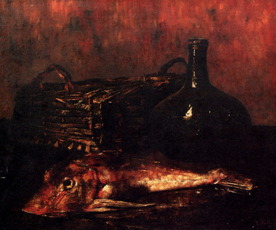Vollon Antoine A Still Life With A Fish A Bottle And A Wicker Basket