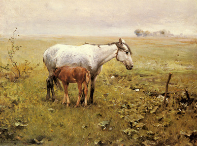 Wierusz Kowalski Alfred Von A Mare And Her Foal In A Landscape