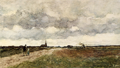 Weissenbruch Jan Hendrik Figures On A Country Road A Church In The Distance