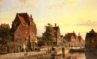 Koekkoek Willem Figures By A Canal In A Dutch Town