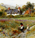 Coleman William Stephen Children Playing On A Path Cottages Beyond