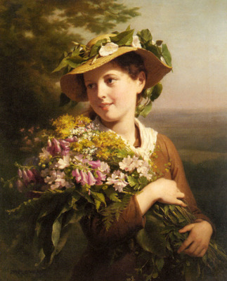 Zuber Buhler Fritz A Young Beauty Holding A Bouquet Of Flowers
