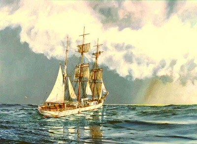 The barque Clan Macleod shortening sail for a squall.