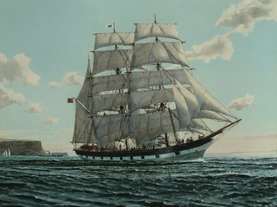 The barque James Craig leaving Sydney with Sydney North Head in the background.