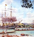 American whaleships at Mangonui, Doubtless Bay in the North Island of New Zealand. 1840's.